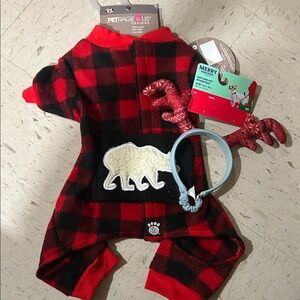 Brand New: Red and Black Plaid Dog Pajamas with antler headpiece